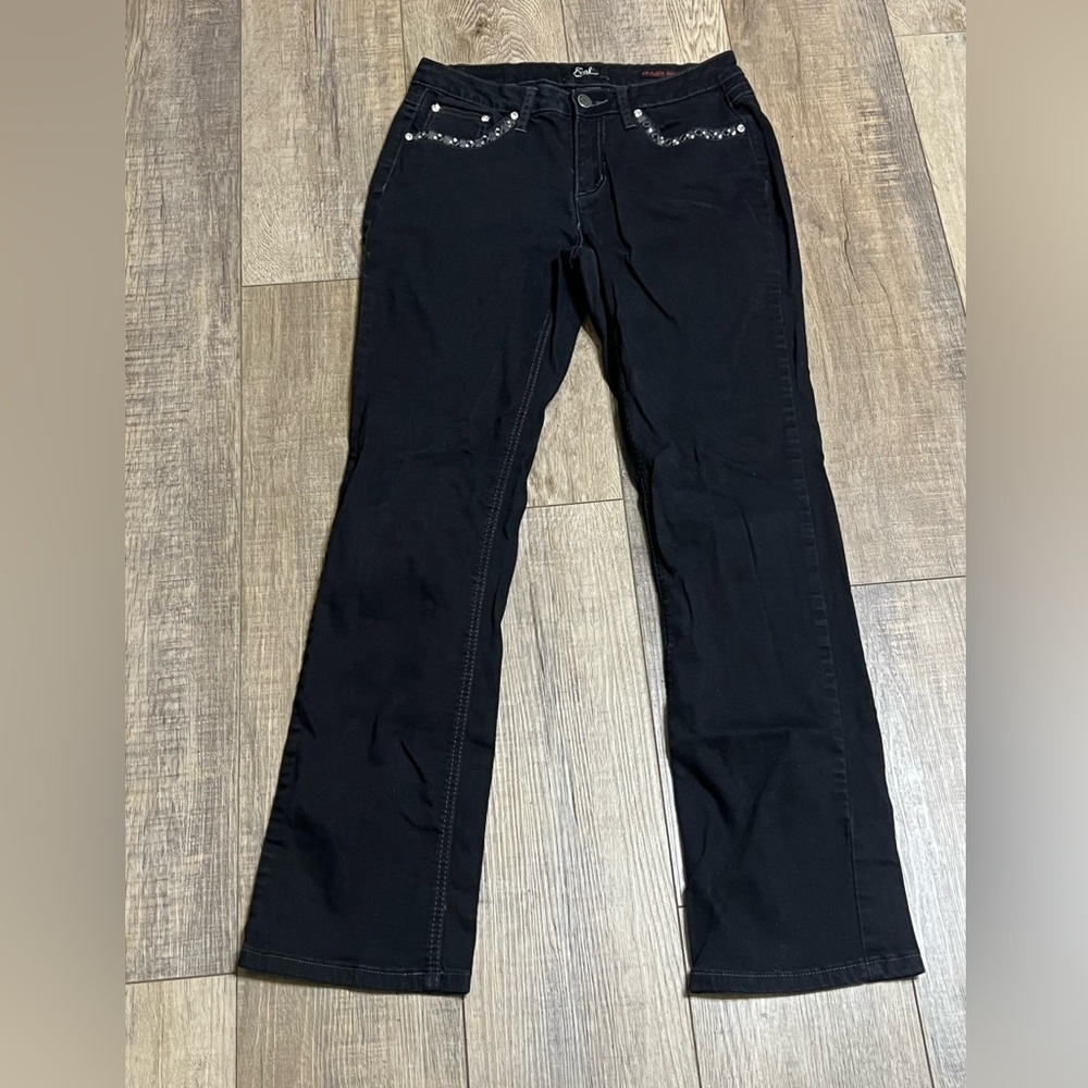 Earl Jean Women’s Size 8 Black Denim Straight Leg Jeans  Rhinestone Mid Rise